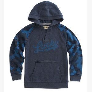 Lucky Brand- Navy Heather V-neck Hoodie w/ Camo blue sleeves Boys- L NWT